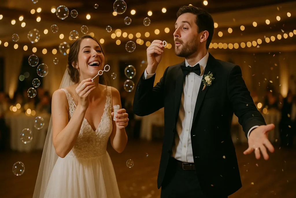 Un couple de mariés s’amusant en soufflant des bulles de savon sur une piste de danse décorée de guirlandes lumineuses, dans une ambiance festive et chaleureuse